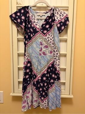 LOFT Navy, Light Blue & White Patchwork Paisley Midi Dress